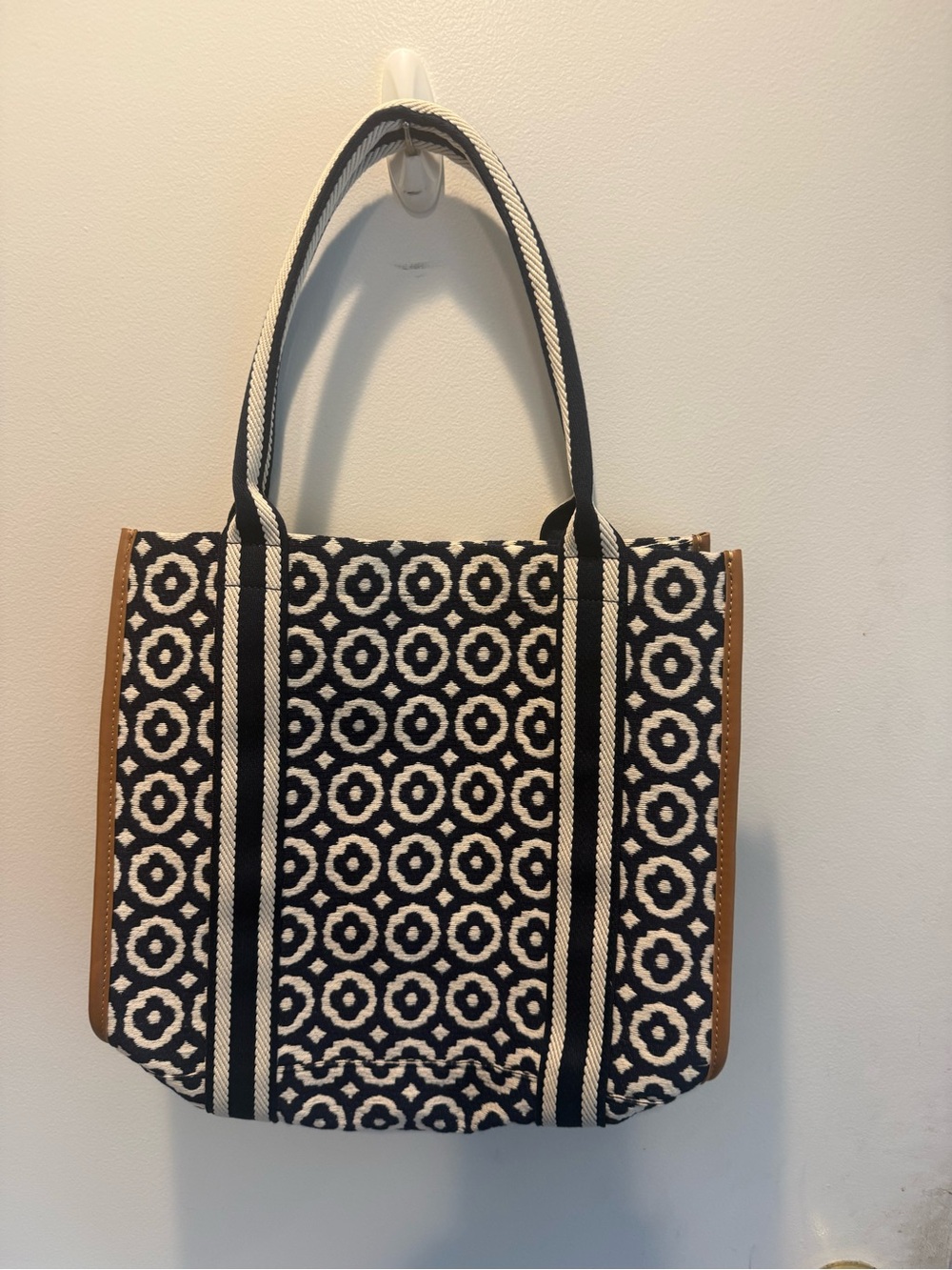 Boden Black & White Geometric Canvas Tote with Tan Trim